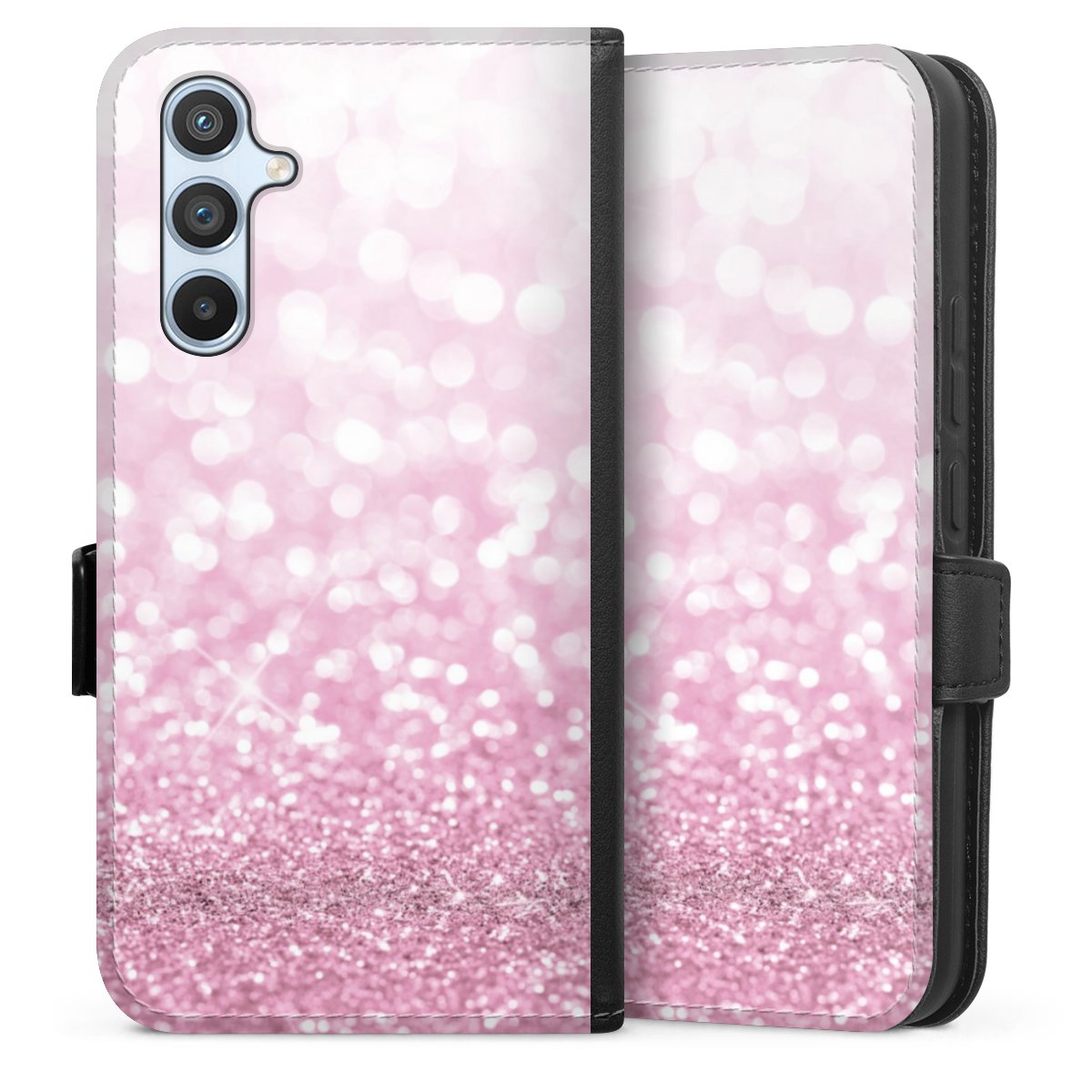 Galaxy A54 5G Handy Klapphülle Handyhülle aus Kunst Leder schwarz Flip Case Glitzer Pink Shine Sideflip mit Lasche