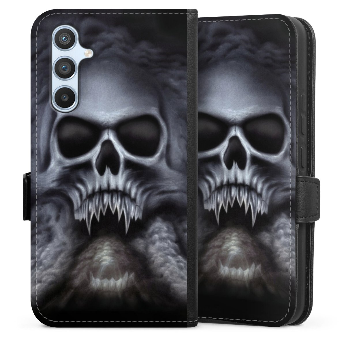 Galaxy A54 5G Handy Klapphülle Handyhülle aus Kunst Leder schwarz Flip Case Totenkopf Skull Sideflip mit Lasche