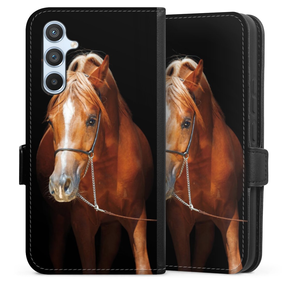 Galaxy A54 5G Handy Klapphülle Handyhülle aus Kunst Leder schwarz Flip Case Mare Horse Hobby Sideflip mit Lasche