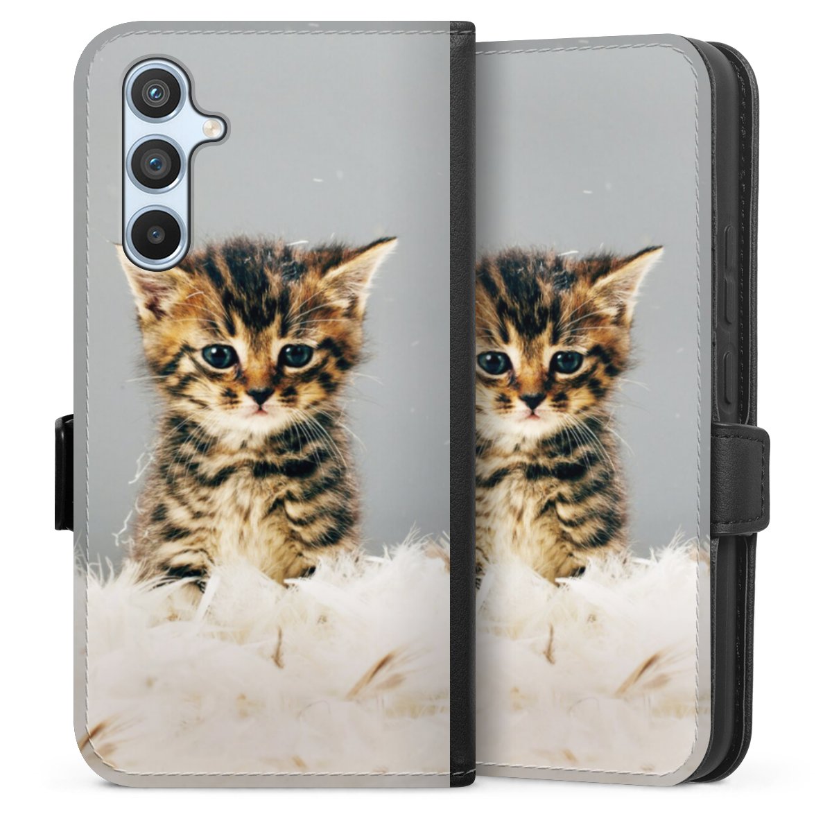 Galaxy A54 5G Handy Klapphülle Handyhülle aus Kunst Leder schwarz Flip Case Cat Feather Pet Sideflip mit Lasche