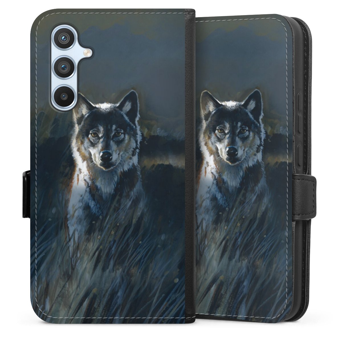 Galaxy A54 5G Handy Klapphülle Handyhülle aus Kunst Leder schwarz Flip Case Nature Wolf Painting Sideflip mit Lasche