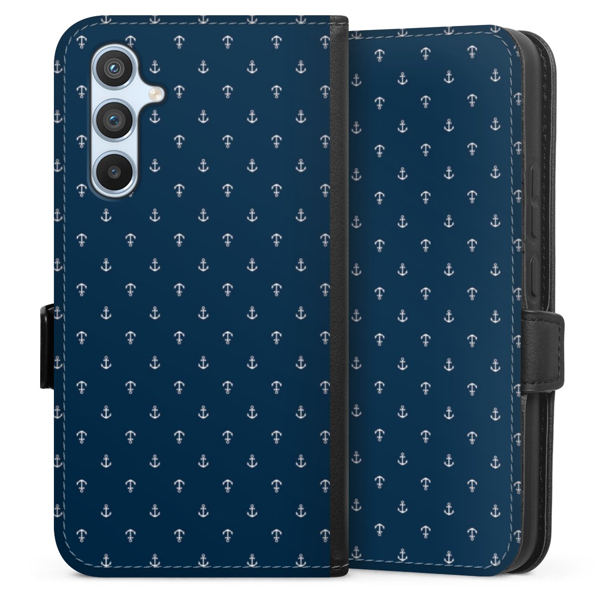 Galaxy A54 5G Handy Klapphülle Handyhülle aus Kunst Leder schwarz Flip Case Muster Anchor Sail Sideflip mit Lasche