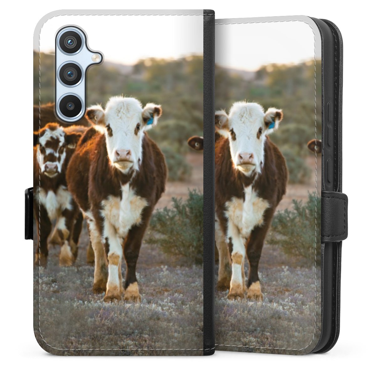 Galaxy A54 5G Handy Klapphülle Handyhülle aus Kunst Leder schwarz Flip Case Cow Farmer Calf Sideflip mit Lasche