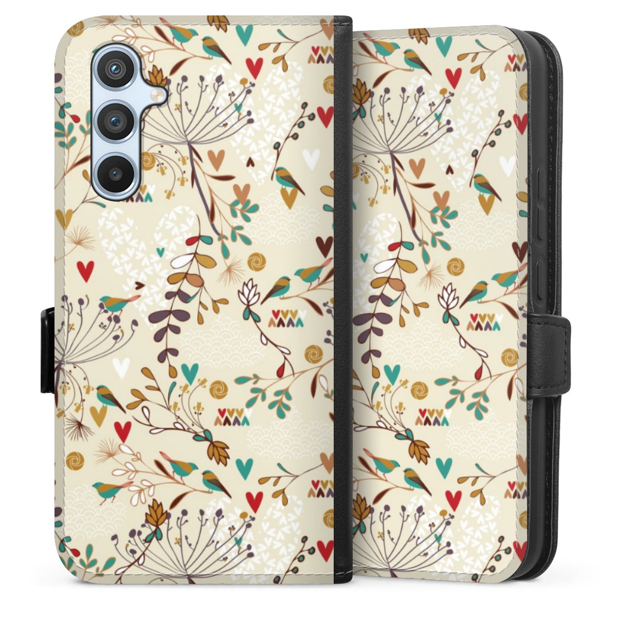 Galaxy A54 5G Handy Klapphülle Handyhülle aus Kunst Leder schwarz Flip Case Bird Flowers Retro Sideflip mit Lasche