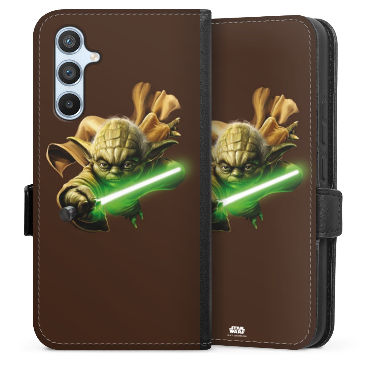 Galaxy A54 5G Handy Klapphülle Handyhülle aus Kunst Leder schwarz Flip Case Yoda Merchandise Star Wars Sideflip mit Lasche