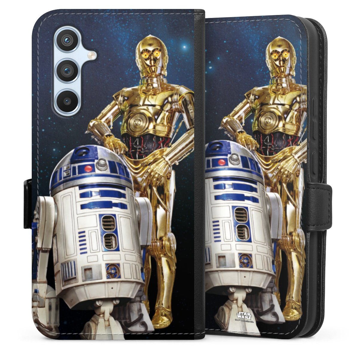 Galaxy A54 5G Handy Klapphülle Handyhülle aus Kunst Leder schwarz Flip Case Weltall Star Wars R2d2 Sideflip mit Lasche