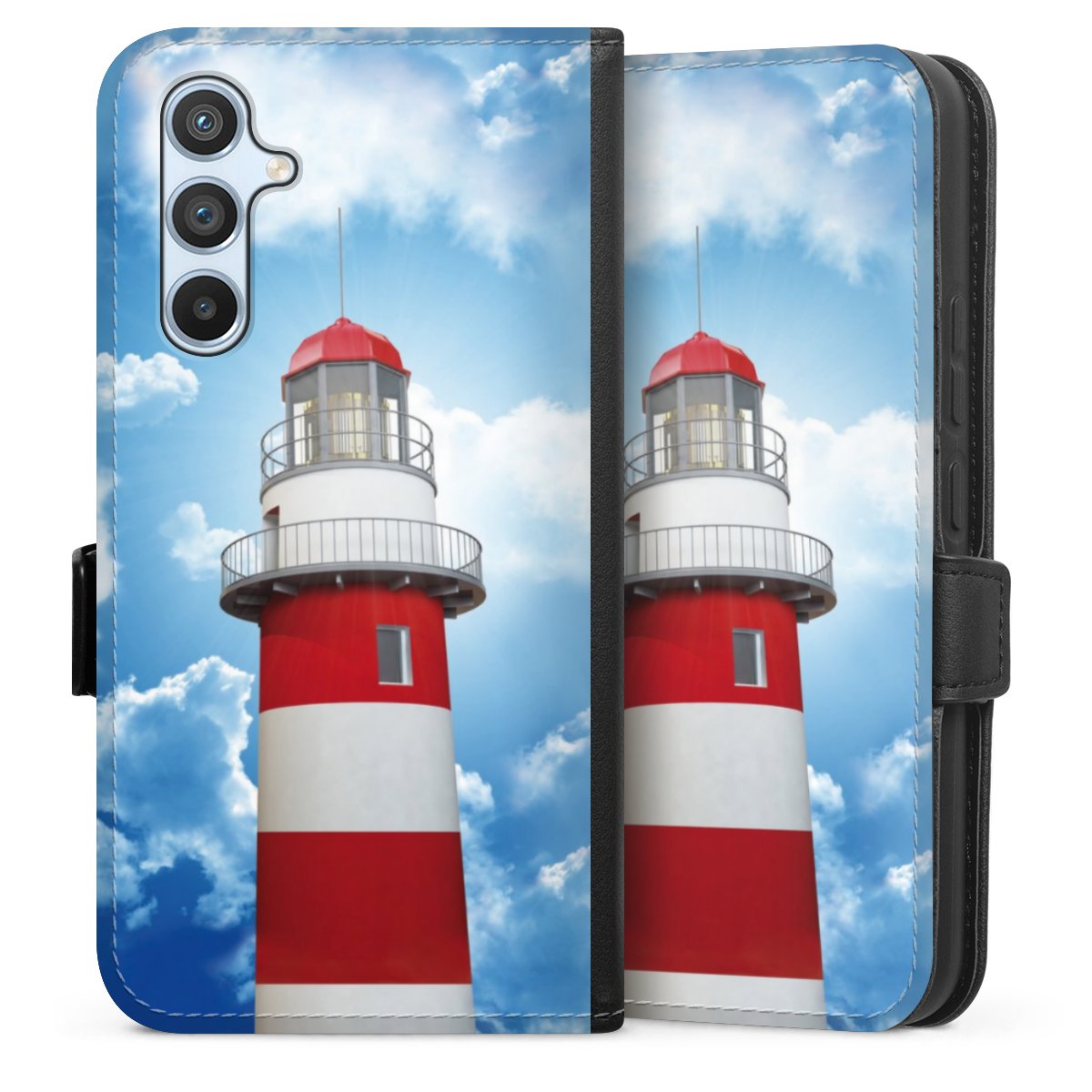 Galaxy A54 5G Handy Klapphülle Handyhülle aus Kunst Leder schwarz Flip Case Lighthouse Sky Cloud Sideflip mit Lasche