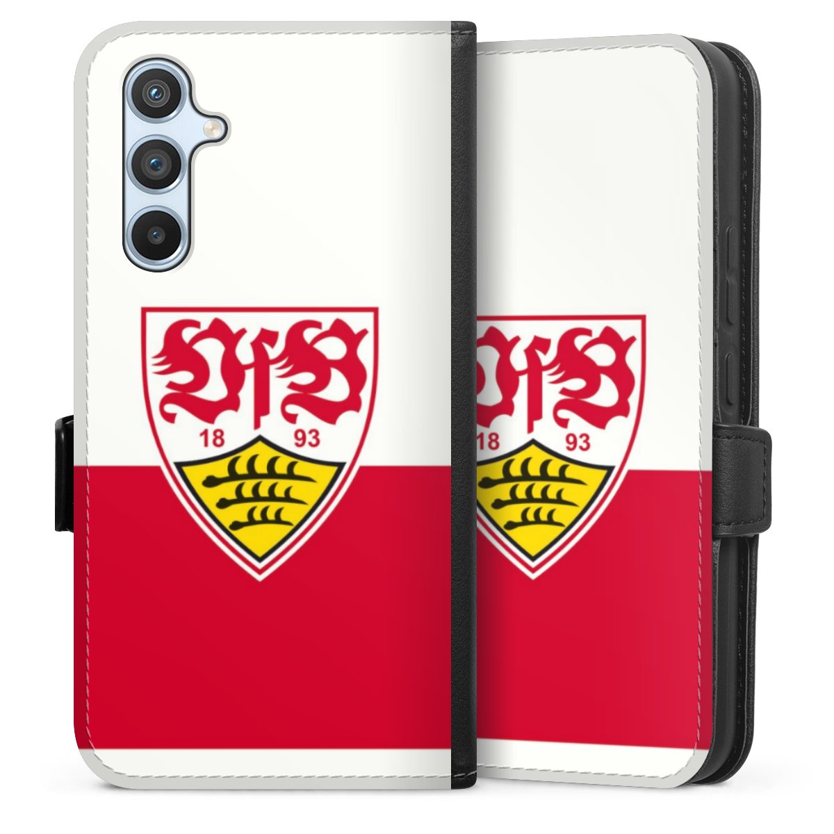 Galaxy A54 5G Handy Klapphülle Handyhülle aus Kunst Leder schwarz Flip Case Official Licensed Product Logo Vfb Stuttgart Sideflip mit Lasche