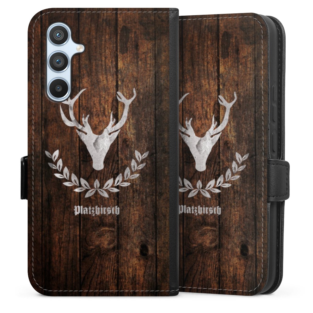 Galaxy A54 5G Handy Klapphülle Handyhülle aus Kunst Leder schwarz Flip Case Deer Wood Wooden Look Sideflip mit Lasche