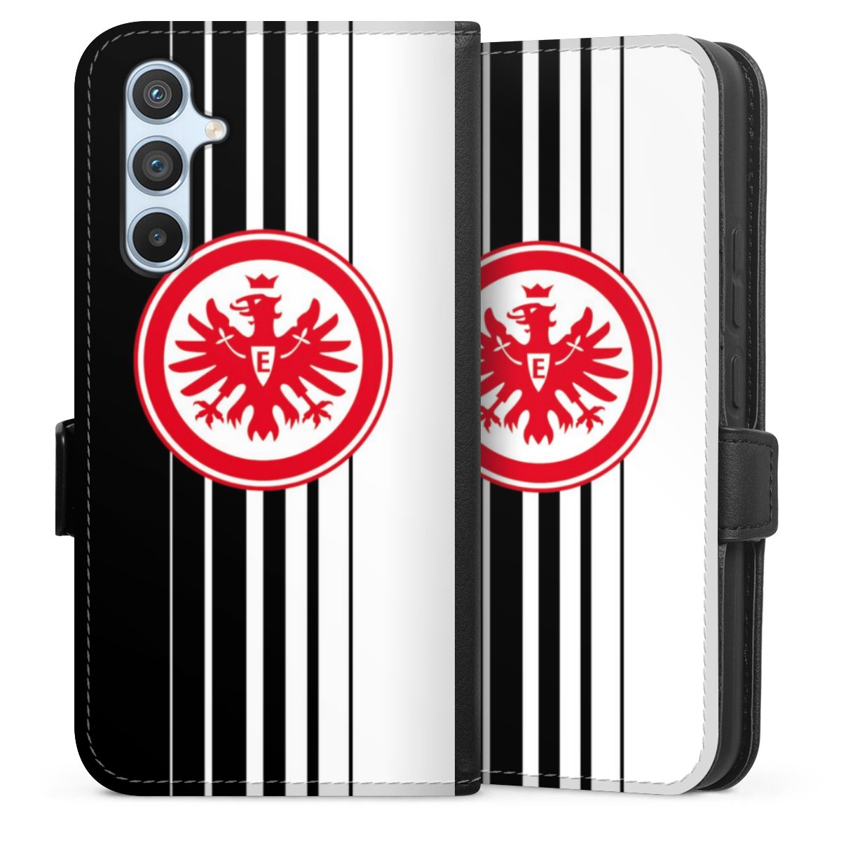 Galaxy A54 5G Handy Klapphülle Handyhülle aus Kunst Leder schwarz Flip Case Stripes Eintracht Frankfurt Official Licensed Product Sideflip mit Lasche