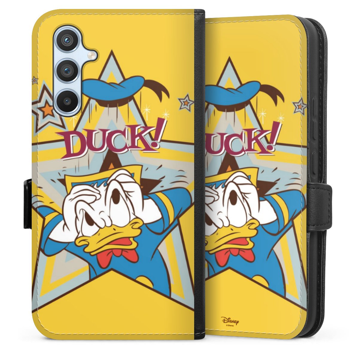 Galaxy A54 5G Handy Klapphülle Handyhülle aus Kunst Leder schwarz Flip Case Official Licensed Product Donald Duck Disney Sideflip mit Lasche