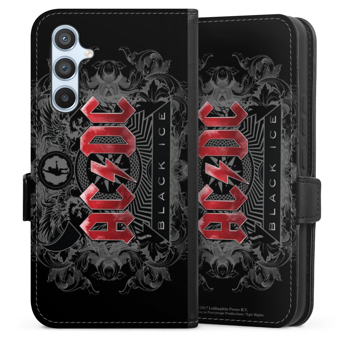 Galaxy A54 5G Handy Klapphülle Handyhülle aus Kunst Leder schwarz Flip Case Merchandise Black Ice Acdc Sideflip mit Lasche