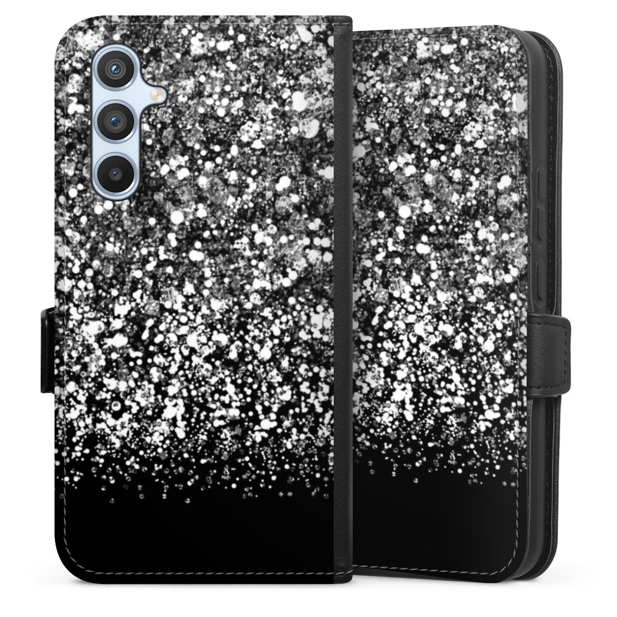 Galaxy A54 5G Handy Klapphülle Handyhülle aus Kunst Leder schwarz Flip Case Glitzer Snowflake Muster Sideflip mit Lasche