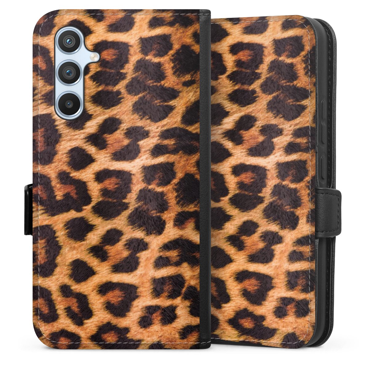 Galaxy A54 5G Handy Klapphülle Handyhülle aus Kunst Leder schwarz Flip Case Animal Print Leopard Fur Sideflip mit Lasche