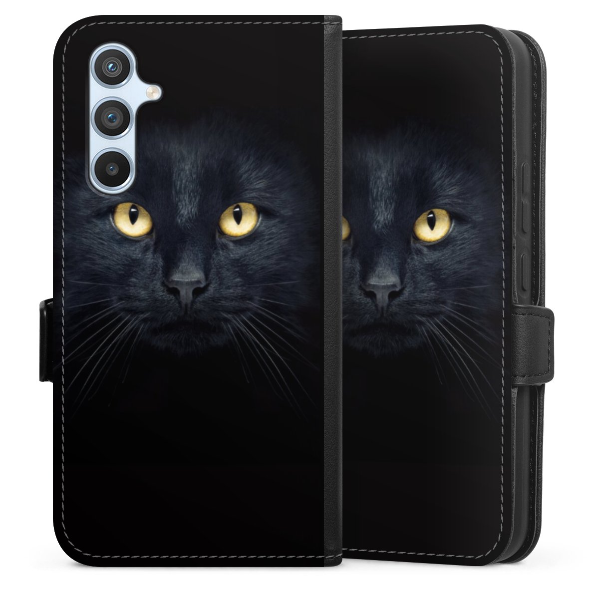 Galaxy A54 5G Handy Klapphülle Handyhülle aus Kunst Leder schwarz Flip Case Eye Cat Black Sideflip mit Lasche