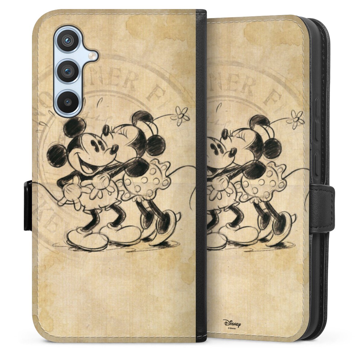 Galaxy A54 5G Handy Klapphülle Handyhülle aus Kunst Leder schwarz Flip Case Mickey Mouse Vintage Minnie Mouse Sideflip mit Lasche