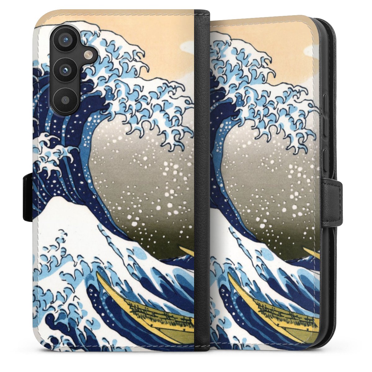 Galaxy A34 5G Handy Klapphülle Handyhülle aus Kunst Leder schwarz Flip Case Kunst Katsushika Hokusai Die Große Welle Vor Kanagawa Sideflip mit Lasche