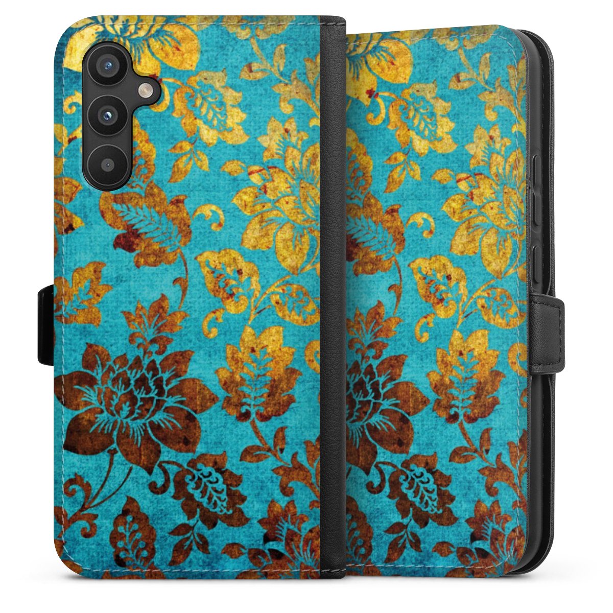 Galaxy A34 5G Handy Klapphülle Handyhülle aus Kunst Leder schwarz Flip Case Ornament Vintage Flowers Sideflip mit Lasche