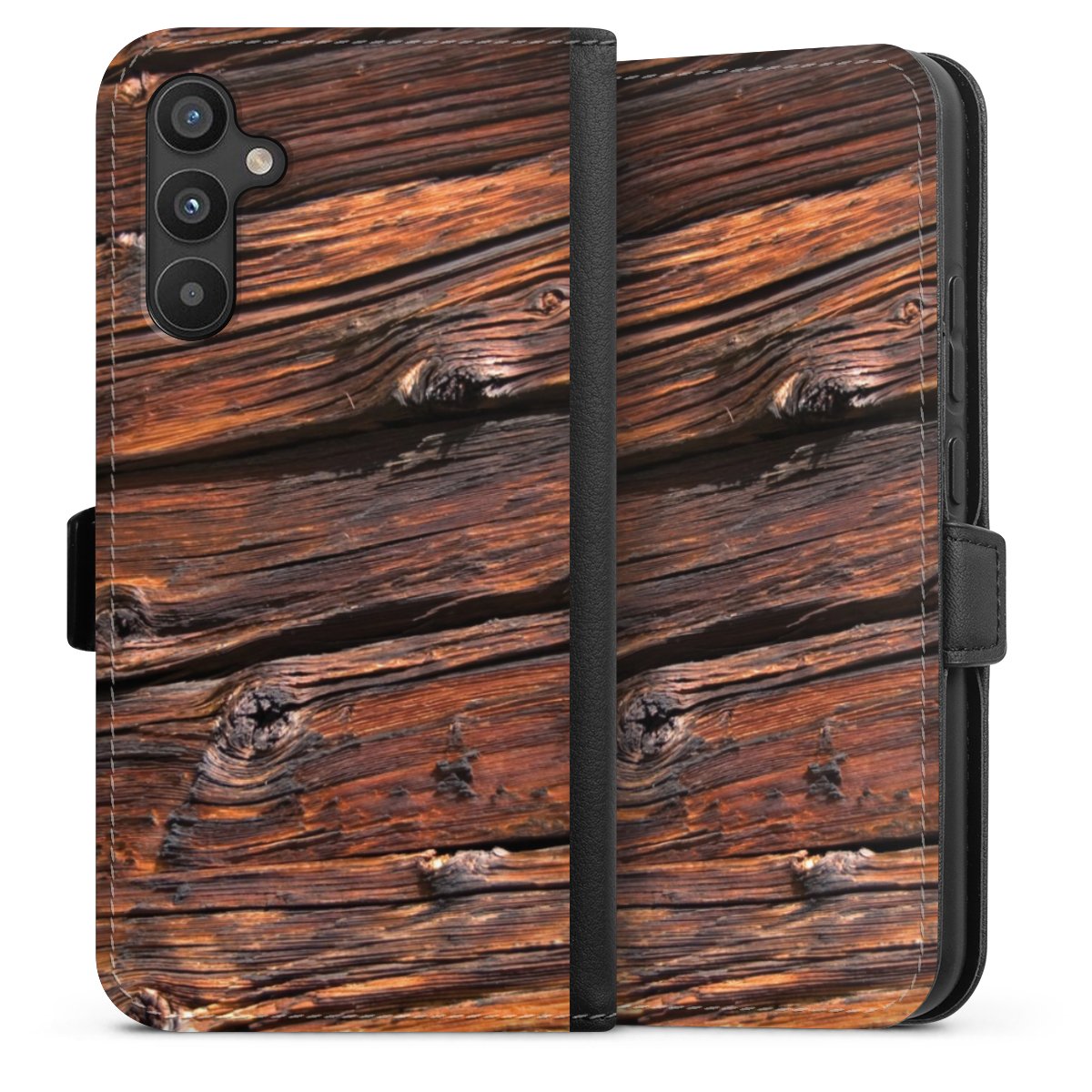 Galaxy A34 5G Handy Klapphülle Handyhülle aus Kunst Leder schwarz Flip Case Beams Wooden Look Wood Sideflip mit Lasche