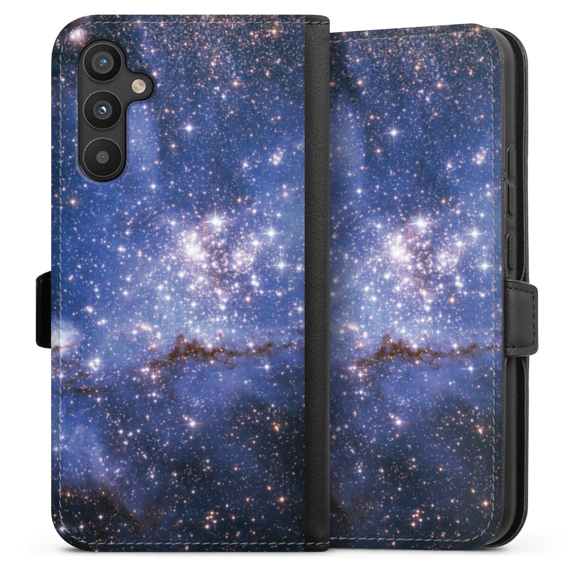 Galaxy A34 5G Handy Klapphülle Handyhülle aus Kunst Leder schwarz Flip Case Weltall Galaxy Weltraum Sideflip mit Lasche