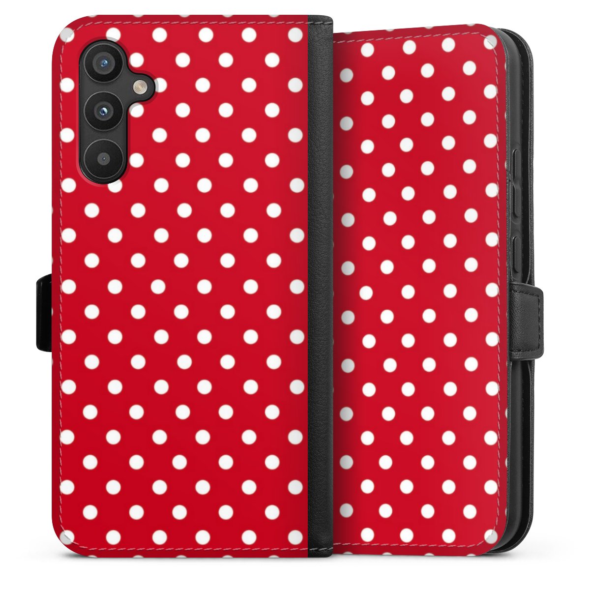 Galaxy A34 5G Handy Klapphülle Handyhülle aus Kunst Leder schwarz Flip Case Points Polka Dots Retro Sideflip mit Lasche