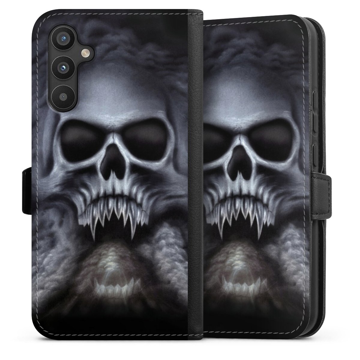 Galaxy A34 5G Handy Klapphülle Handyhülle aus Kunst Leder schwarz Flip Case Totenkopf Skull Sideflip mit Lasche