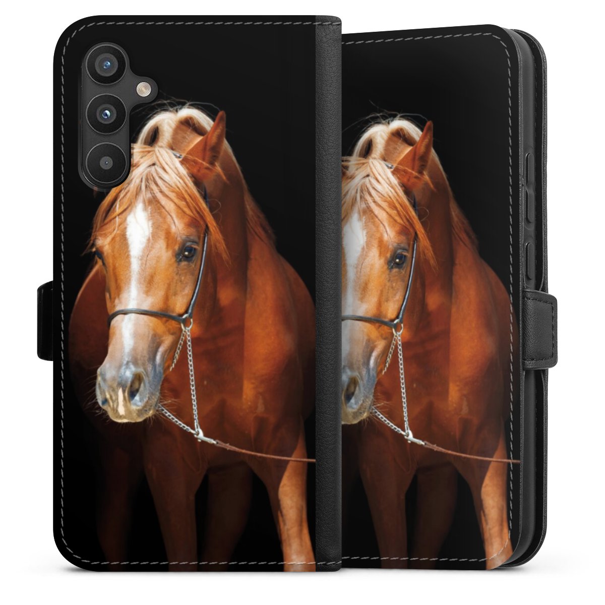 Galaxy A34 5G Handy Klapphülle Handyhülle aus Kunst Leder schwarz Flip Case Mare Horse Hobby Sideflip mit Lasche