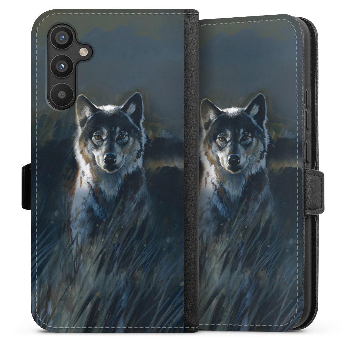 Galaxy A34 5G Handy Klapphülle Handyhülle aus Kunst Leder schwarz Flip Case Nature Wolf Painting Sideflip mit Lasche