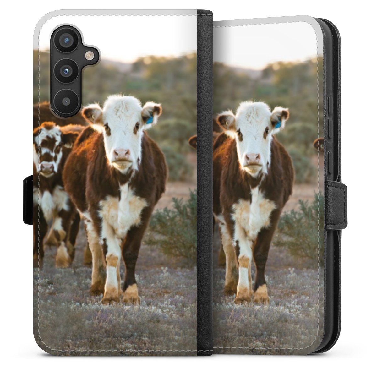 Galaxy A34 5G Handy Klapphülle Handyhülle aus Kunst Leder schwarz Flip Case Cow Farmer Calf Sideflip mit Lasche