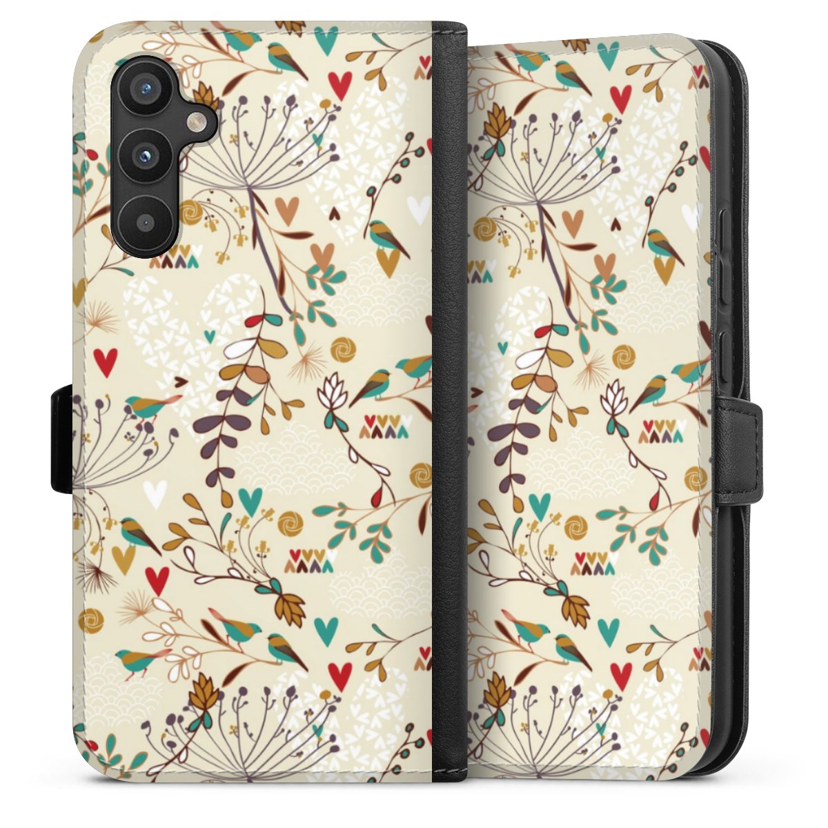 Galaxy A34 5G Handy Klapphülle Handyhülle aus Kunst Leder schwarz Flip Case Bird Flowers Retro Sideflip mit Lasche