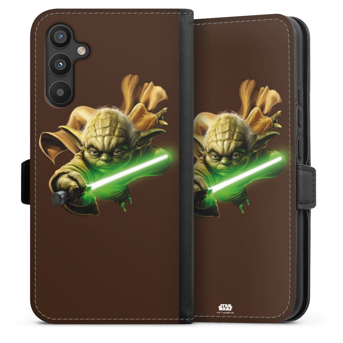 Galaxy A34 5G Handy Klapphülle Handyhülle aus Kunst Leder schwarz Flip Case Yoda Merchandise Star Wars Sideflip mit Lasche