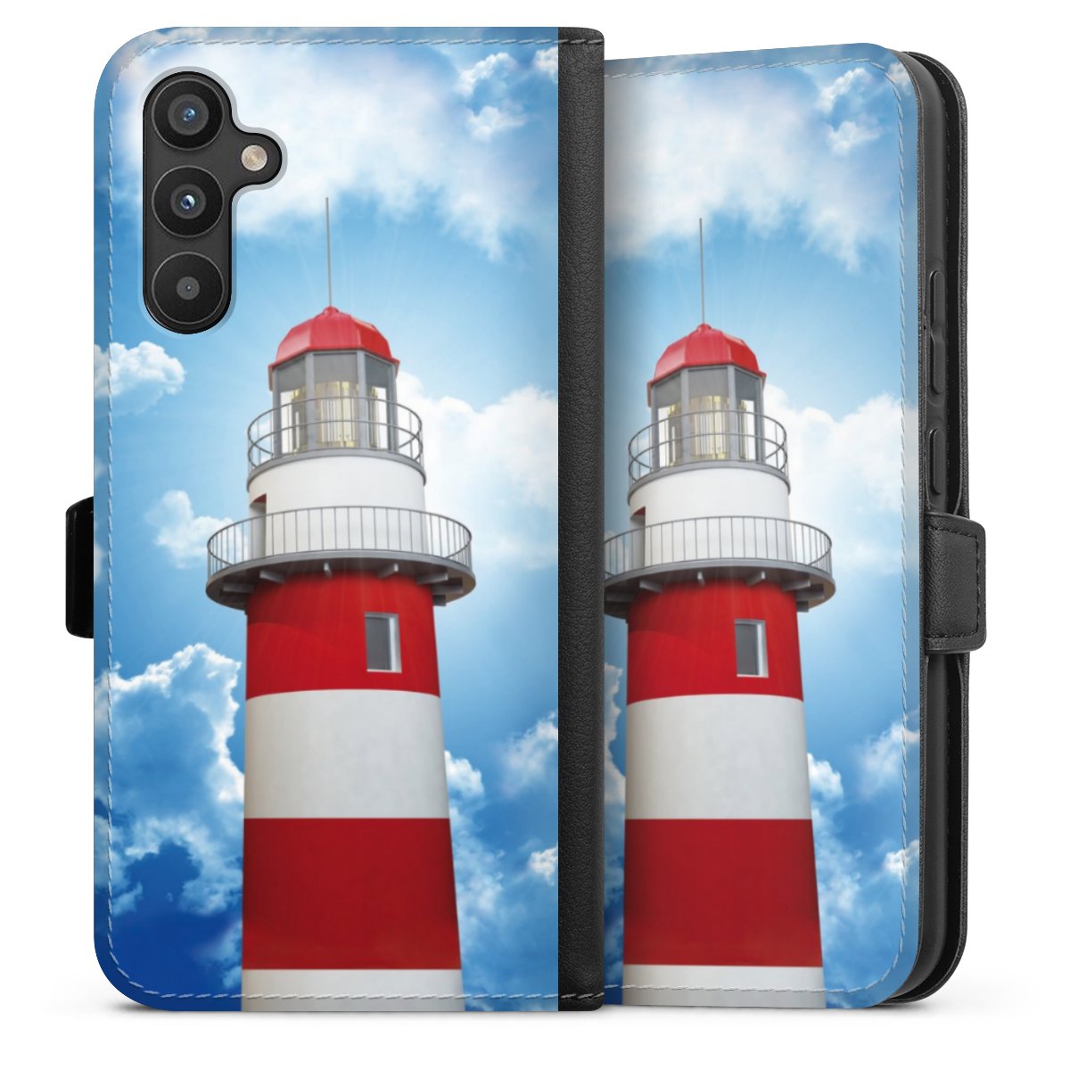 Galaxy A34 5G Handy Klapphülle Handyhülle aus Kunst Leder schwarz Flip Case Lighthouse Sky Cloud Sideflip mit Lasche