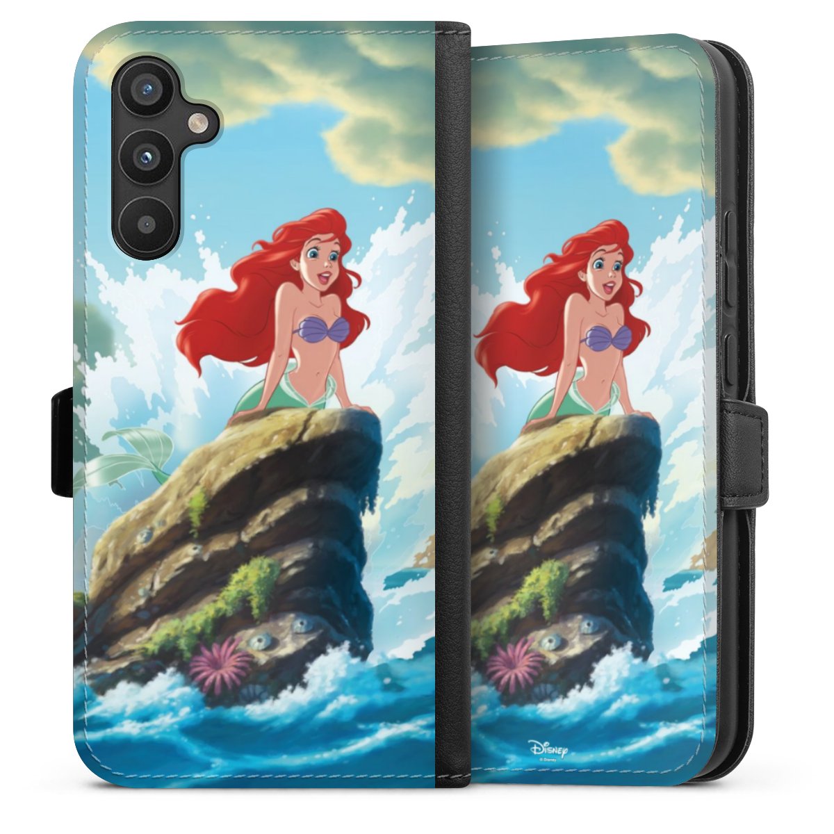 Galaxy A34 5G Handy Klapphülle Handyhülle aus Kunst Leder schwarz Flip Case Mermaid Arielle Die Meerjungfrau Official Licensed Product Sideflip mit Lasche