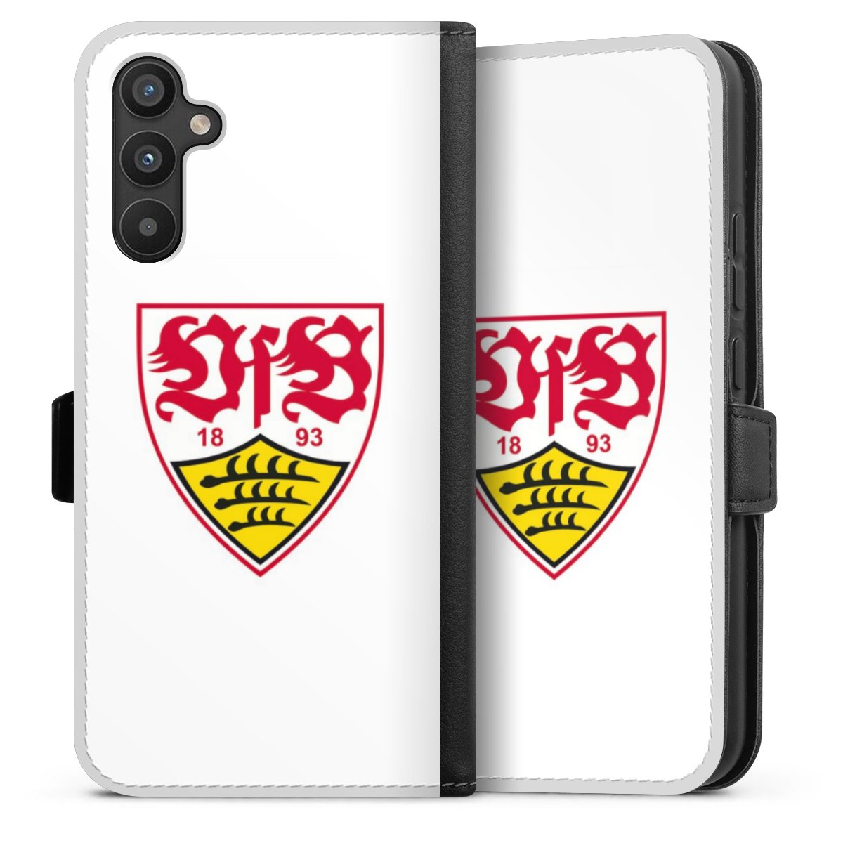 Galaxy A34 5G Handy Klapphülle Handyhülle aus Kunst Leder schwarz Flip Case Logo Official Licensed Product Vfb Stuttgart Sideflip mit Lasche