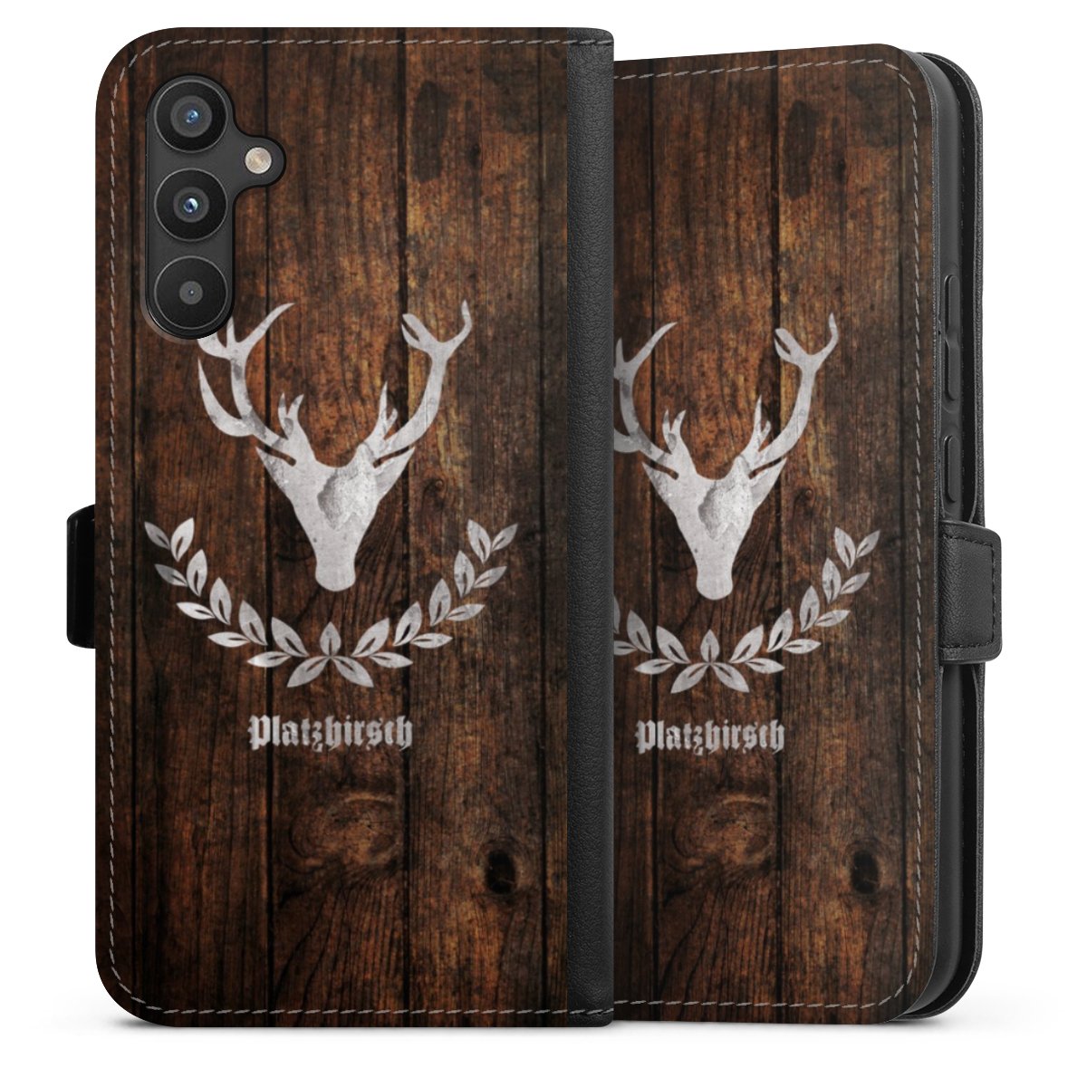 Galaxy A34 5G Handy Klapphülle Handyhülle aus Kunst Leder schwarz Flip Case Deer Wood Wooden Look Sideflip mit Lasche