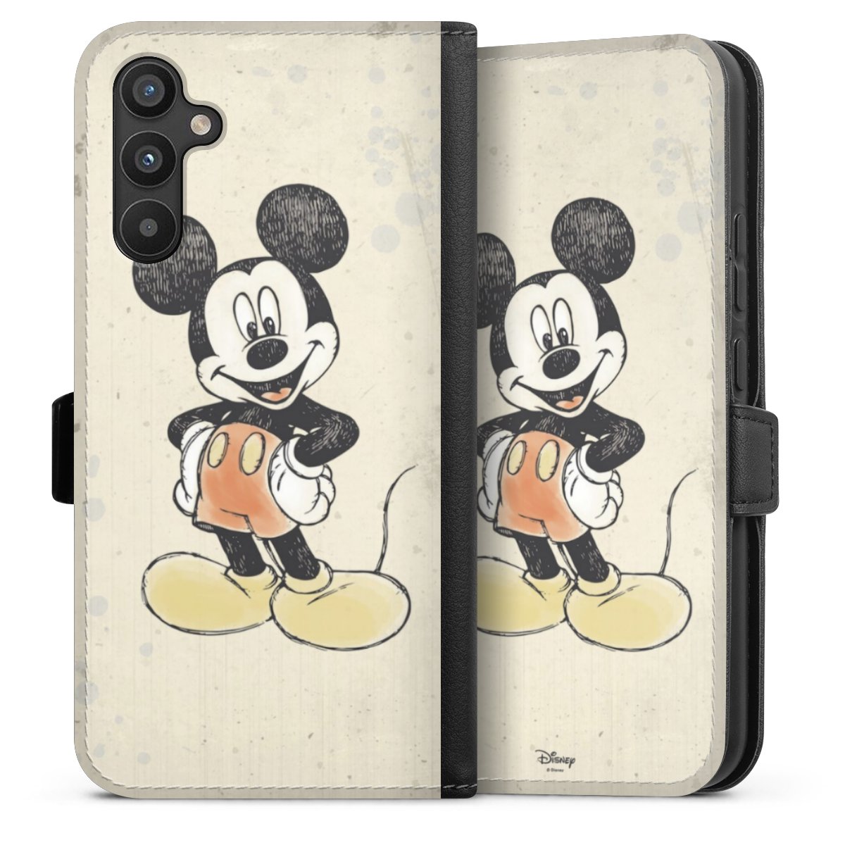 Galaxy A34 5G Handy Klapphülle Handyhülle aus Kunst Leder schwarz Flip Case Water Colour Mickey & Minnie Mouse Official Licensed Product Sideflip mit Lasche