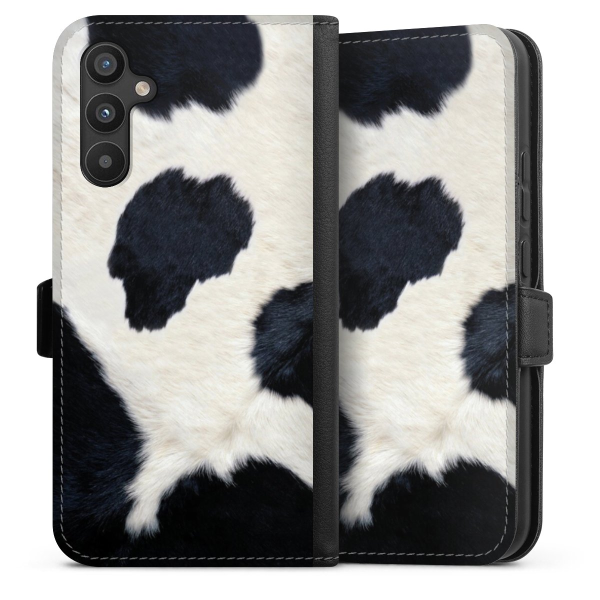 Galaxy A34 5G Handy Klapphülle Handyhülle aus Kunst Leder schwarz Flip Case Animal Look Animal Print Cow Skin Sideflip mit Lasche