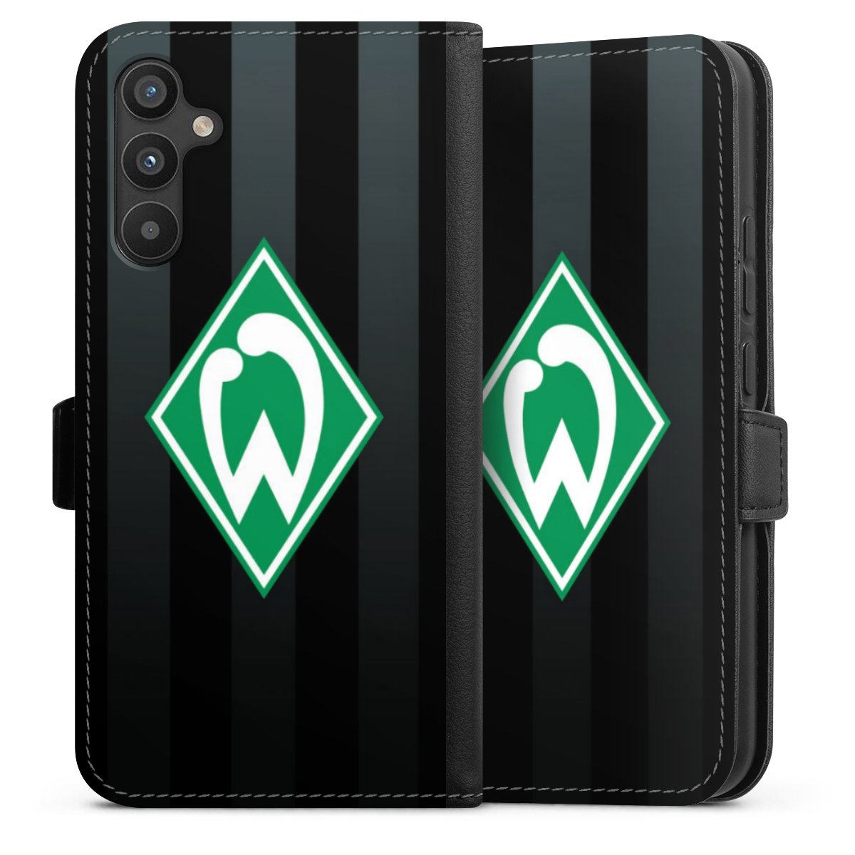 Galaxy A34 5G Handy Klapphülle Handyhülle aus Kunst Leder schwarz Flip Case Stripes Sv Werder Bremen Official Licensed Product Sideflip mit Lasche