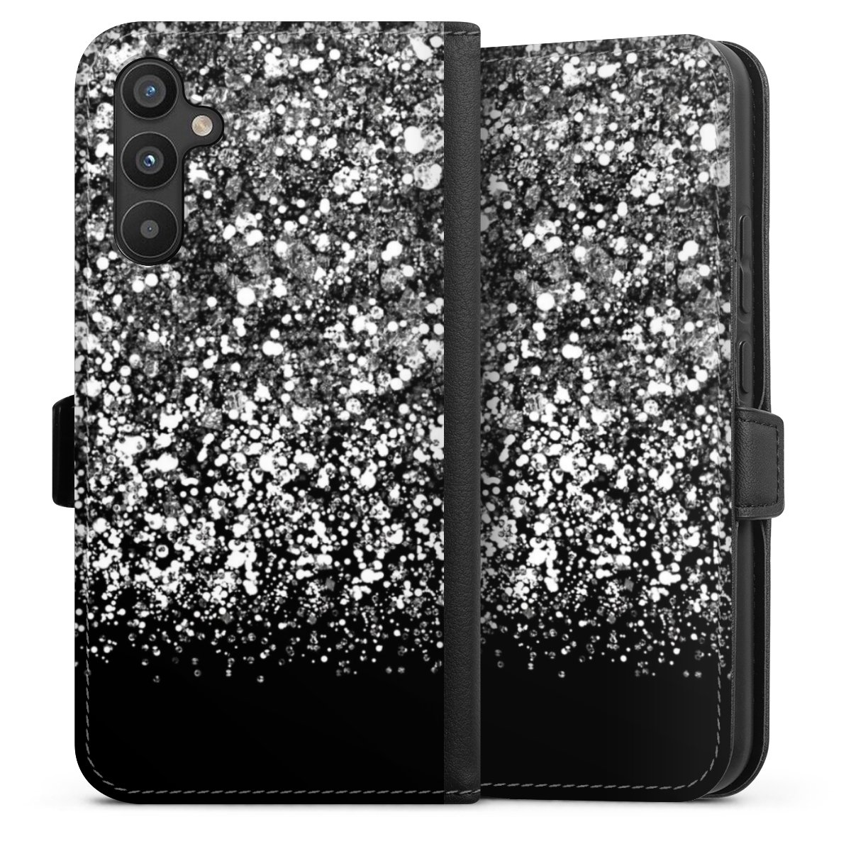 Galaxy A34 5G Handy Klapphülle Handyhülle aus Kunst Leder schwarz Flip Case Glitzer Snowflake Muster Sideflip mit Lasche