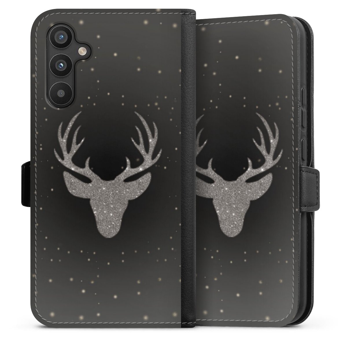 Galaxy A34 5G Handy Klapphülle Handyhülle aus Kunst Leder schwarz Flip Case Winter Deer Glitzer Sideflip mit Lasche