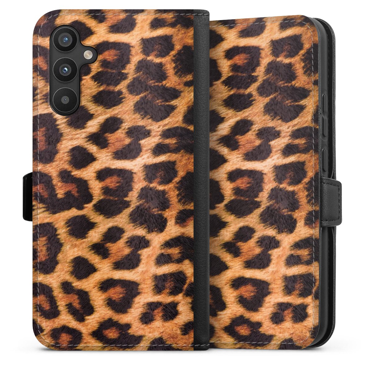 Galaxy A34 5G Handy Klapphülle Handyhülle aus Kunst Leder schwarz Flip Case Animal Print Leopard Fur Sideflip mit Lasche