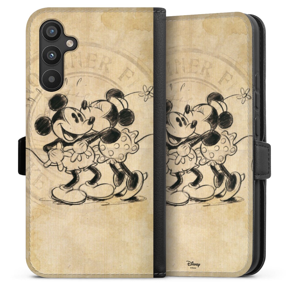 Galaxy A34 5G Handy Klapphülle Handyhülle aus Kunst Leder schwarz Flip Case Mickey Mouse Vintage Minnie Mouse Sideflip mit Lasche