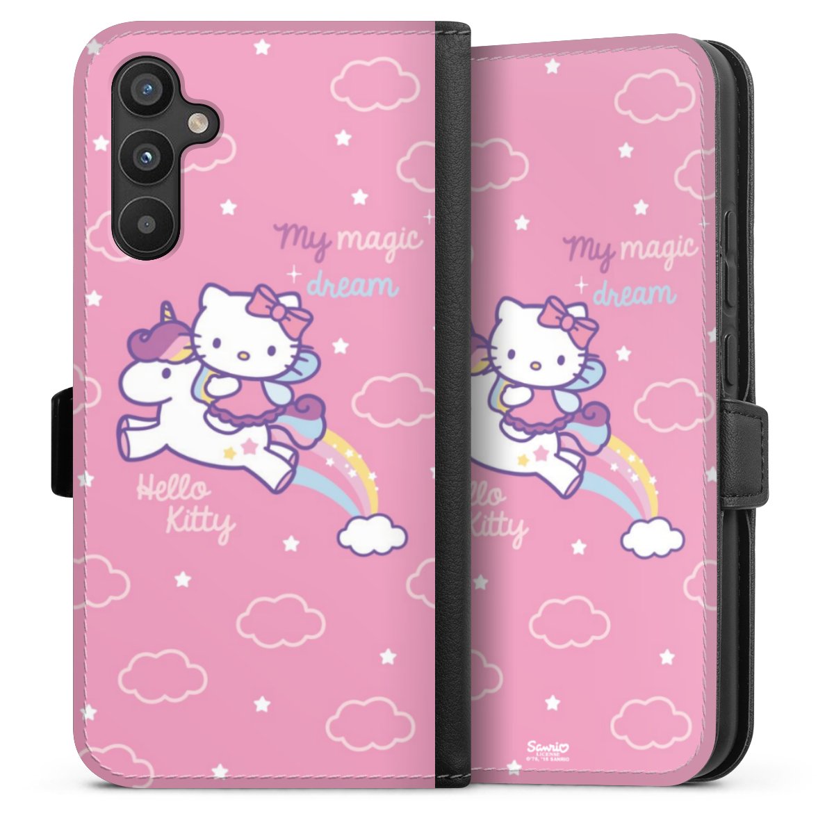 Galaxy A34 5G Handy Klapphülle Handyhülle aus Kunst Leder schwarz Flip Case Einhorn Official Licensed Product Hello Kitty Sideflip mit Lasche