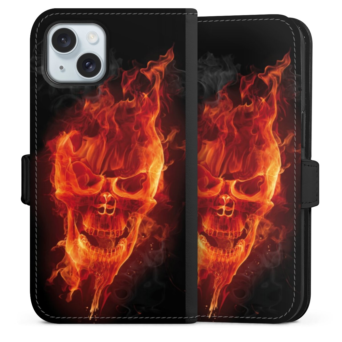 iPhone 15 Handy Klapphülle Handyhülle aus Kunst Leder schwarz Flip Case Totenkopf Skull Fire Sideflip mit Lasche