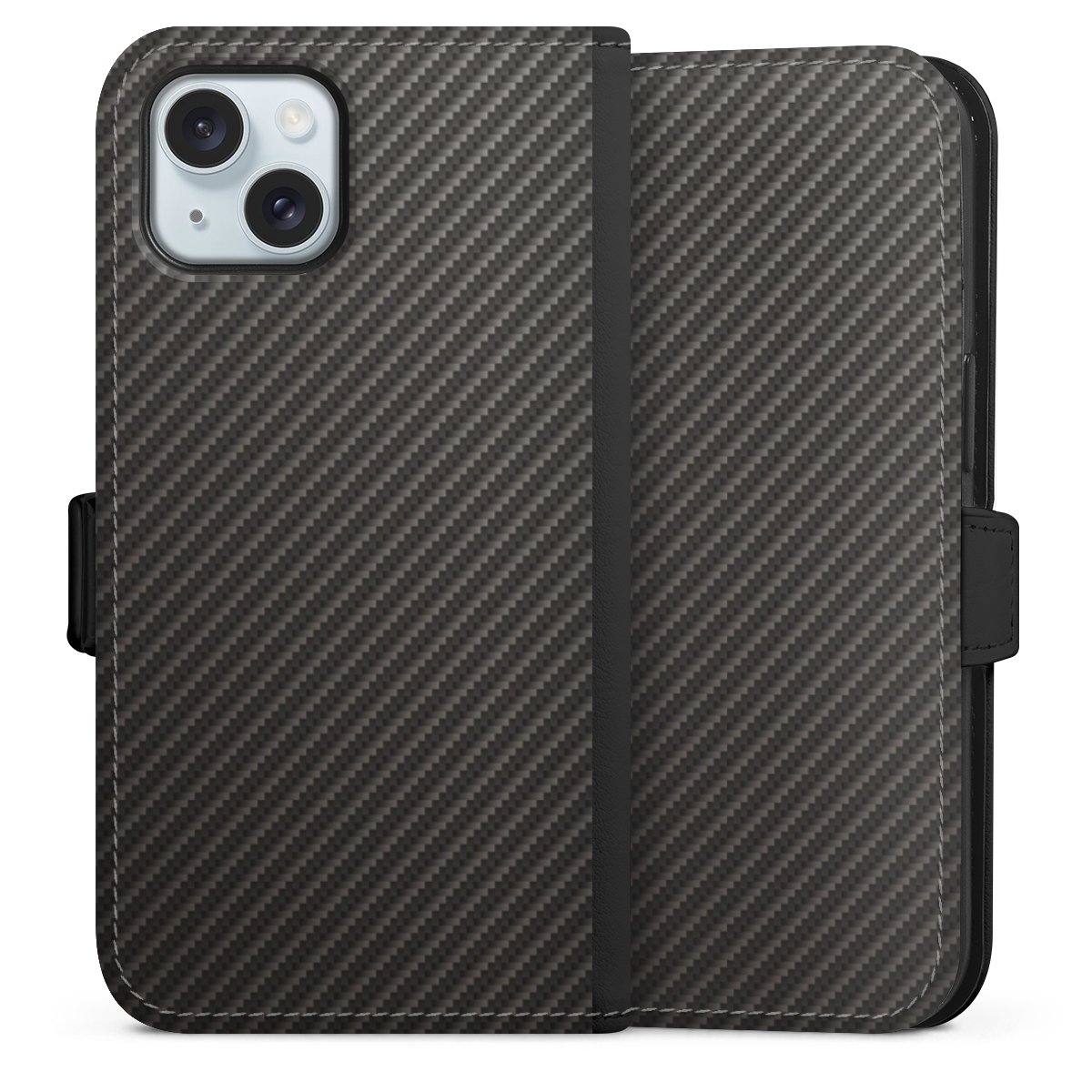 iPhone 15 Handy Klapphülle Handyhülle aus Kunst Leder schwarz Flip Case Metallic Look Carbon Muster Sideflip mit Lasche