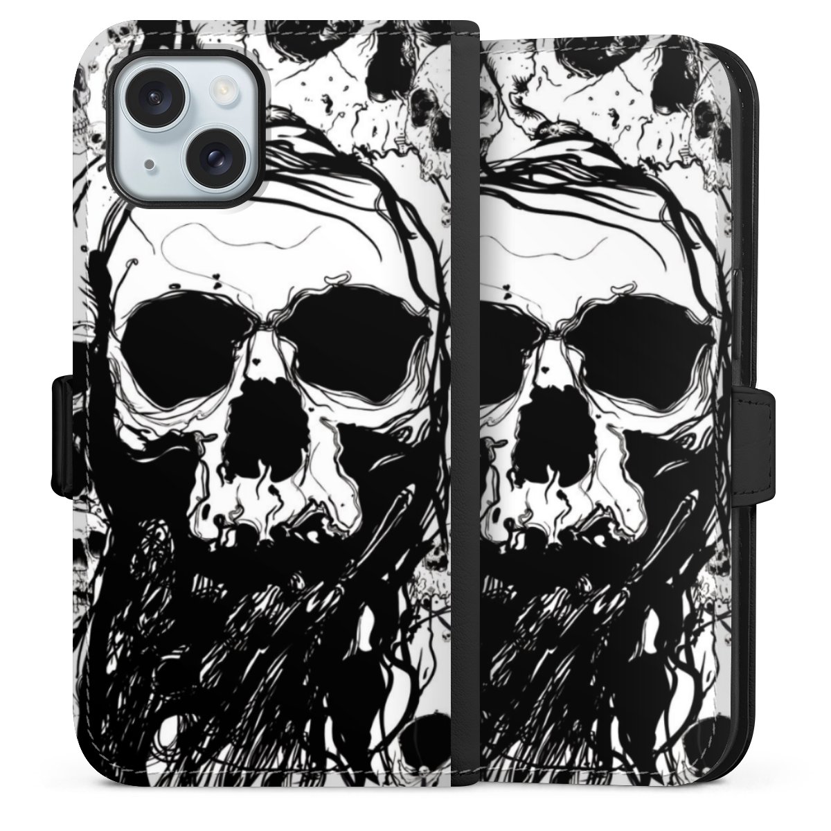 iPhone 15 Handy Klapphülle Handyhülle aus Kunst Leder schwarz Flip Case Totenkopf Halloween Sideflip mit Lasche