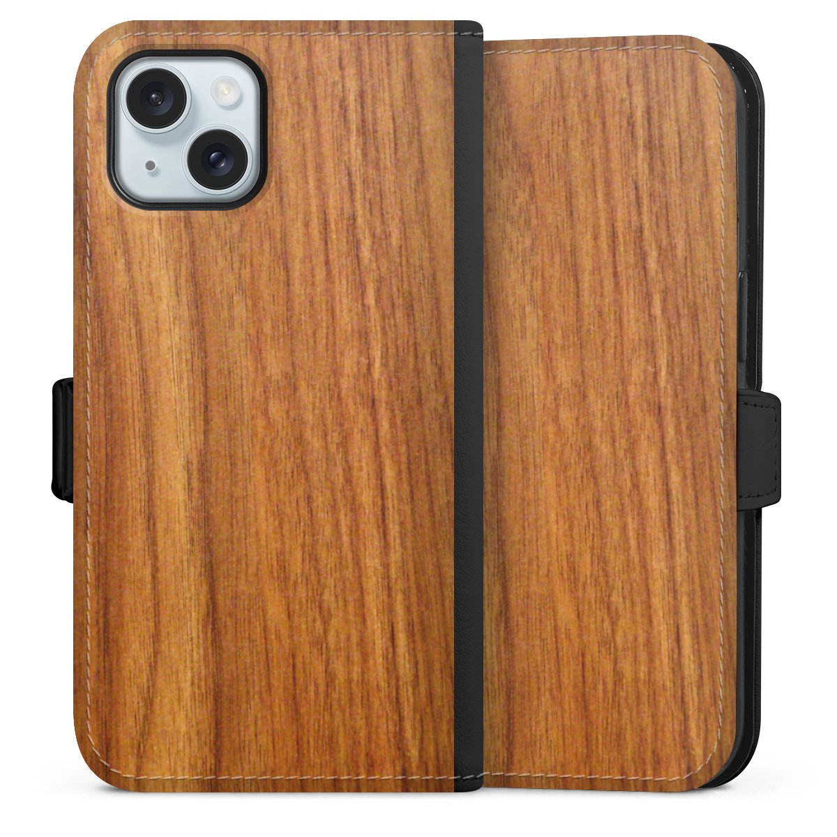 iPhone 15 Handy Klapphülle Handyhülle aus Kunst Leder schwarz Flip Case Wood Larch Wooden Look Sideflip mit Lasche