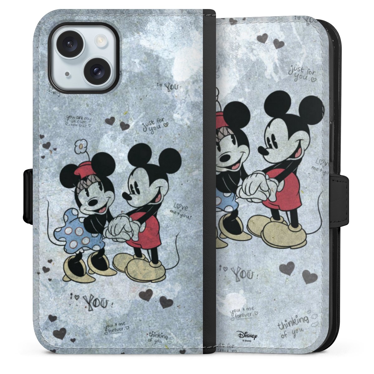 iPhone 15 Handy Klapphülle Handyhülle aus Kunst Leder schwarz Flip Case Mickey & Minnie Mouse Vintage Disney Sideflip mit Lasche