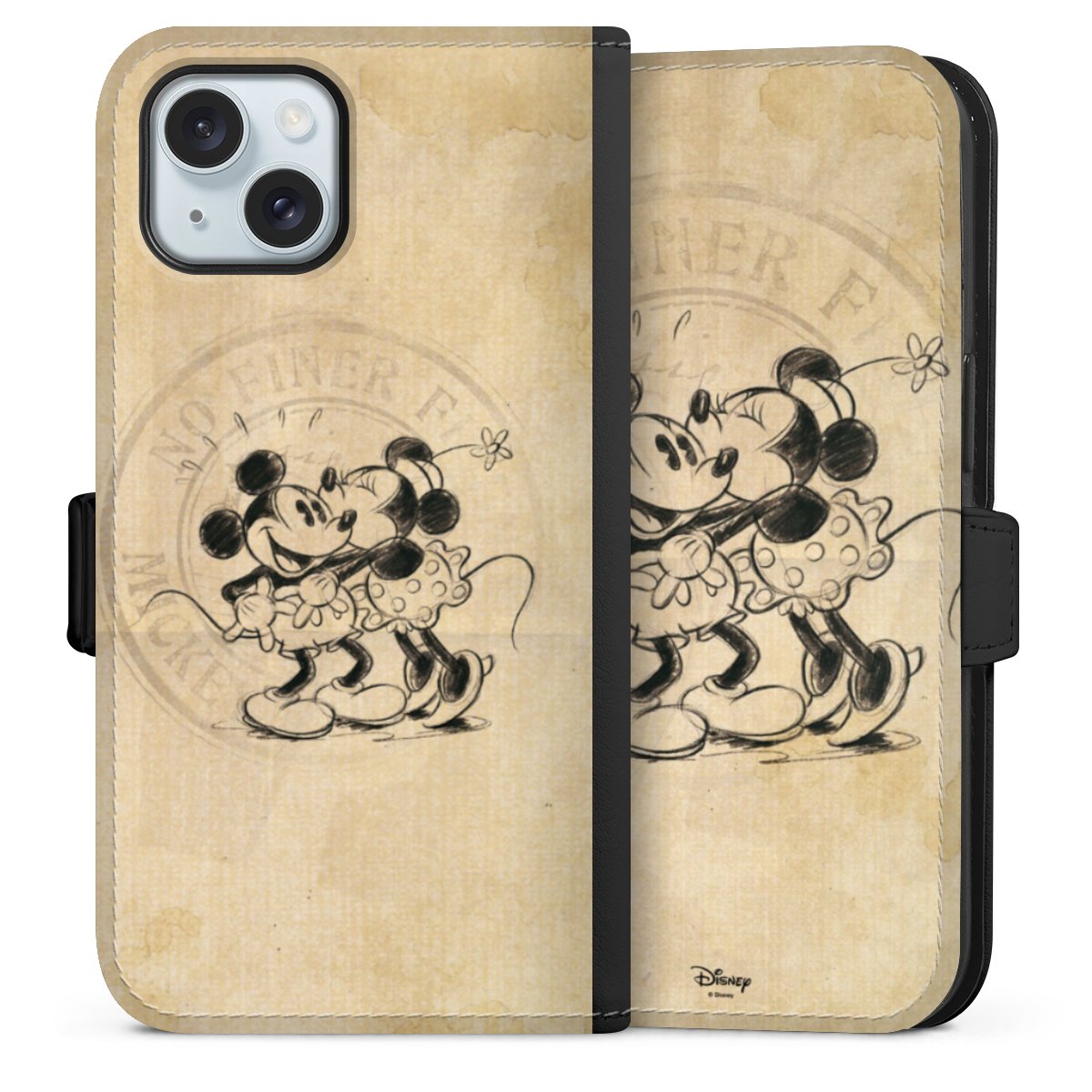 iPhone 15 Handy Klapphülle Handyhülle aus Kunst Leder schwarz Flip Case Mickey Mouse Vintage Minnie Mouse Sideflip mit Lasche