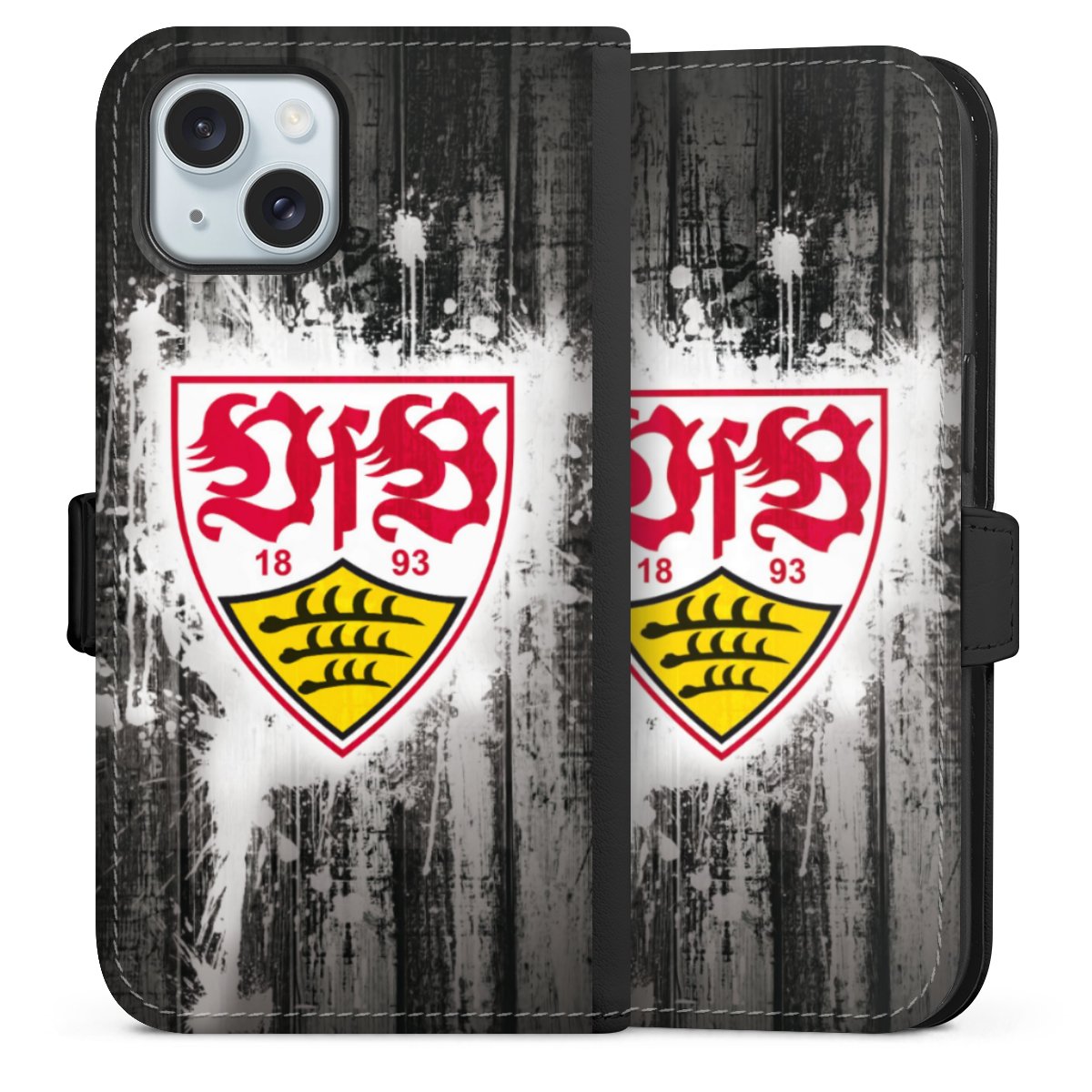 iPhone 15 Handy Klapphülle Handyhülle aus Kunst Leder schwarz Flip Case Vfb Stuttgart Official Licensed Product Sideflip mit Lasche